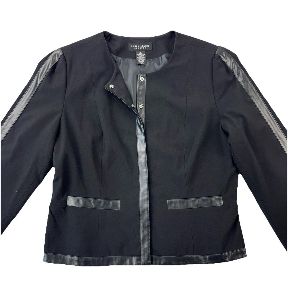 Larry Levine Women’s L Black Stretch Blazer Faux Leather Trim Snap Jacket